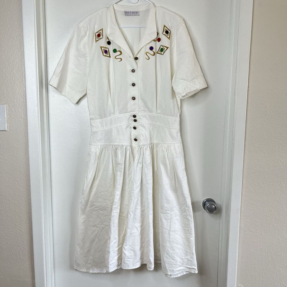 Vintage 80's Megan Moore Women's Embroidered White Dress fit L Western Retro